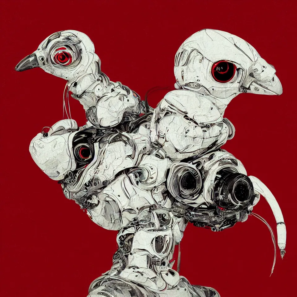 Image similar to beautiful artistic highly detailed portrait robotic bird, with head phones, digital painting, digital art, beautiful, cinematic, 4 k, ultra hd, art by frank miller, dynamic lighting, gradient dark red, cream and white color scheme