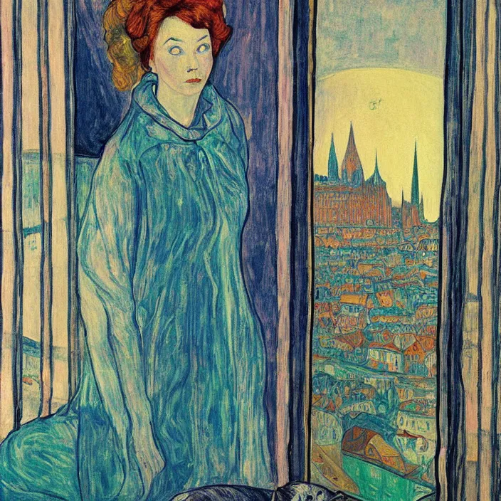 Prompt: close portrait of woman in transparent vaporous night gown with cat, with city with gothic cathedral seen from a window frame with curtains. autumn light, vivid iridescent psychedelic colors. munch, egon schiele, henri de toulouse - lautrec, utamaro, monet, agnes pelton, lucas cranach