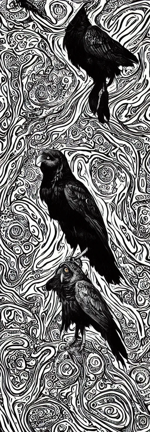 Image similar to psychedelic, monochrome artwork!!, of a raven and raven combined, in front of an owl that is a window into the ocean, by didier comes, graphic novel art,