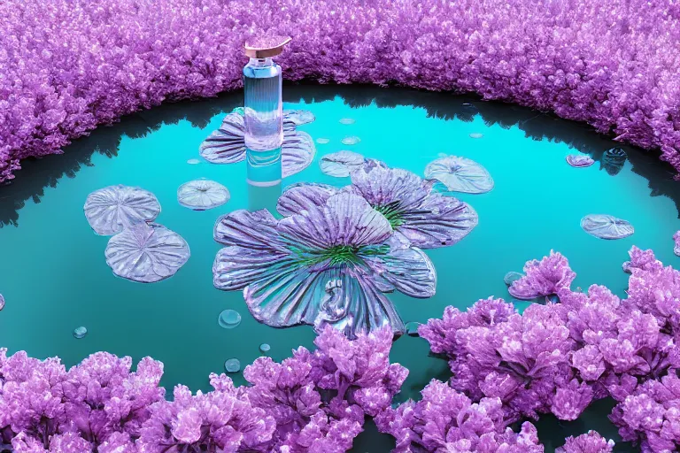 Image similar to perfume bottle standing on green lillypads in a cool blue frosted pond close shot, sharp focus, global illumination, dramatic, mid day, cherry blossom background, soft lilac skies, large scale, hyperrealistic, lots of detail, realistic lighting, octane render, by wlop, artgerm, trending on artstation