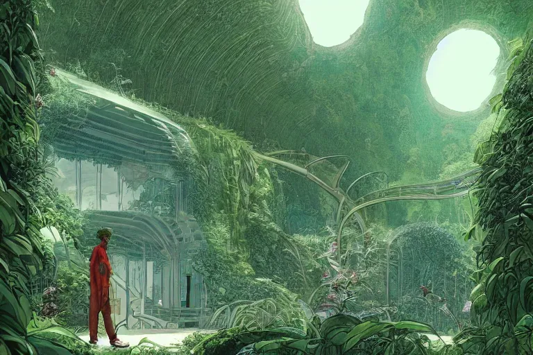 Prompt: deep natural cave with lush vegetation, victorian green house, kid and mad scientist walking, giant video screens, sci - fi, retrofuturism, concept art by moebius and victo ngai, architecture by francois schuiten, clean line, diesel punk, artstation