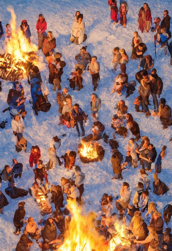 Image similar to realistic aerial race gather around a bonfire with a pregnant woman as her leader, intense blue eyes, realistic, antartic night