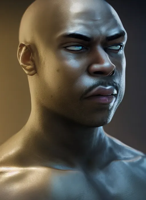 Image similar to An epic fantasy comic book style portrait painting of a young dark skinned thief with broad shoulders and a bald head in a vest, unreal 5, DAZ, hyperrealistic, octane render, cosplay, RPG portrait, dynamic lighting