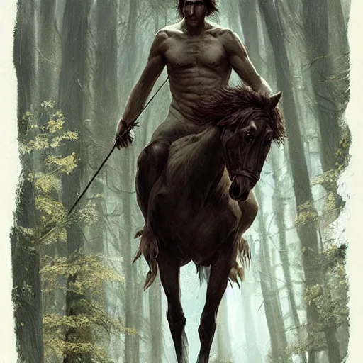 Prompt: Adam Driver as a centaur warrior, human and horse chimera, aiming a bow and arrow, galloping through the forest, digital art, fantasy art by Greg Rutkowski