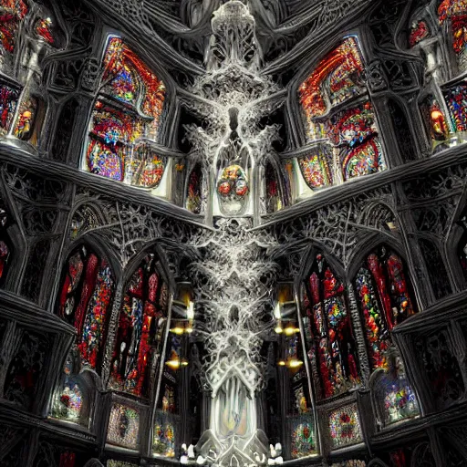 Image similar to beautiful hyperrealistic 3 d render of a delicate ivory sculpture of an ornate detailed cathedral populated by mandelbrot fractals by android jones, micro detail, unreal engine, dramatic lighting, psychedelic, octane renderer, catholicpunk, glowing, white color scheme, photorealistic, physically based rendering, angelic, hyper detailed, colorful, carved soap, trending on cgsociety