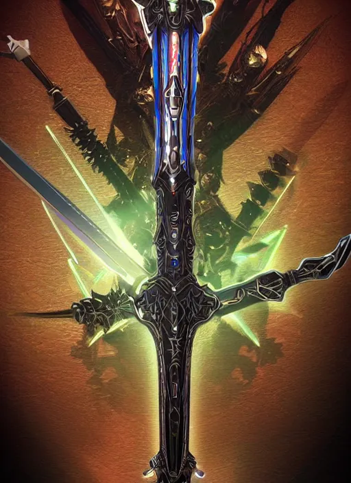 Prompt: legendary glowing sword of cybernetic technology, intricate, sharp black and iridescent blade, ornate gothic baroque spikes hilt, colorful handle, vivid detailed realistic, ray tracing, colored gems, artstation, deviantart