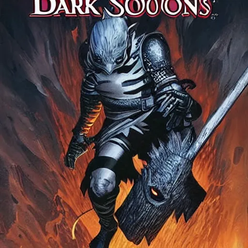 Image similar to comic book cover for'dark souls vs a raccoon ', art by alex ross