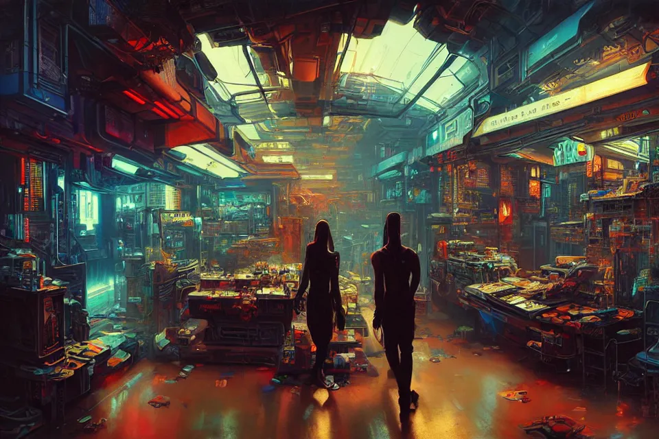 Prompt: masterpiece, beautiful highly detailed postmodern sci - fi cyberpunk art bazaar, miscellaneous art shoppe stall, interior of cyberpunk bazaar, cinematic moody colors, welcome, to the shop, realistic shaded lighting poster by ilya kuvshinov, magali villeneuve, artgerm, jeremy lipkin and michael garmash and rob rey,