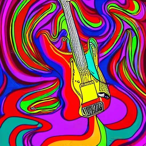 Image similar to psychedelic illustration of a guitar player melting on colors