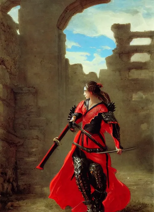 Image similar to woman in dark and red princess dragon armor, she is holding a katana sword, walking on the mystical ancient ruins. by william henry hunt