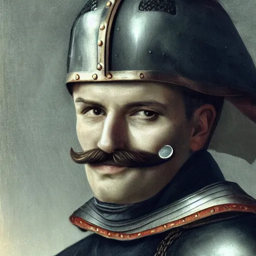 Image similar to realistic still of a man with a moustache wearing medieval armor. Highly detailed portrait