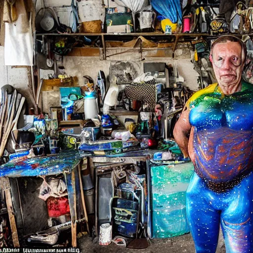 Prompt: a man painted with iridescent bodypaint standing in his cluttered garage, he is covered with barnacles