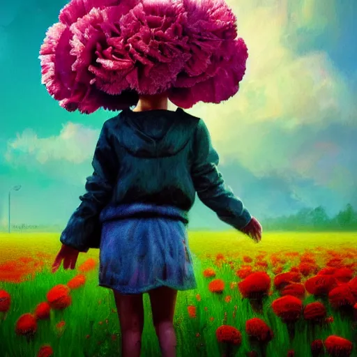 Prompt: head of carnations flower, girl walking in a flower field, surreal photography, sunrise dramatic light, impressionist painting, colorful clouds, digital painting, artstation, simon stalenhag, flower face