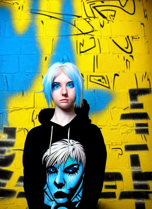 Prompt: highly detailed portrait of a city punk lady student, blue eyes, hoodie, white hair by al feldstein, gradient yellow, black, brown and cyan blue color scheme, grunge aesthetic!!! ( ( graffiti tag wall background ) )