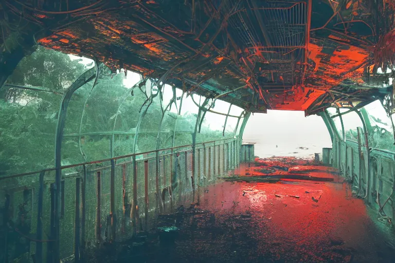 Image similar to Film still of a brightly lit bridge on a space ship, metal, floor grills, ventilation shafts, dusty, orange and red lighting, burning fire, water dripping, puddles, wet floor, rust, decay, green vines, overgrown, tropical, Cinestill colour cinematography, anamorphic