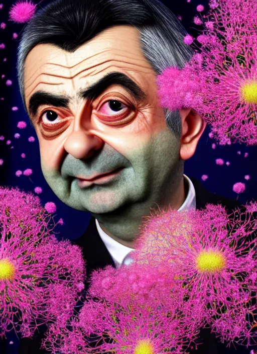 Prompt: hyper detailed 3d render like a Oil painting - kawaii portrait of Rowan Atkinson in Aurora seen Eating of the Strangling network of yellowcake aerochrome and milky Fruit and Her delicate Hands hold of gossamer polyp blossoms bring iridescent fungal flowers whose spores black the foolish stars by Jacek Yerka, Mariusz Lewandowski, Houdini algorithmic generative render, Abstract brush strokes, Masterpiece, Edward Hopper and James Gilleard, Zdzislaw Beksinski, Nicoletta Ceccoli, Wolfgang Lettl, hints of Yayoi Kasuma, octane render, 8k