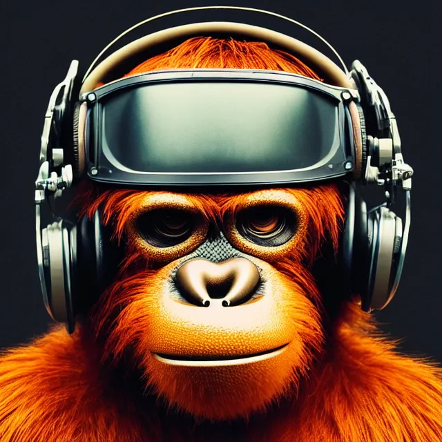 Image similar to a portrait of an anthropomorphic cyberpunk orangutan in a motorcycle helmet, detailed render, tape deck, boombox, headphones, epic composition, cybernetics, 4 k realistic, cryengine, realistic shaded lighting, sharp focus, masterpiece, by matteo scalera, gary montalbano, peter elson in the style of the tokyo ghost comic