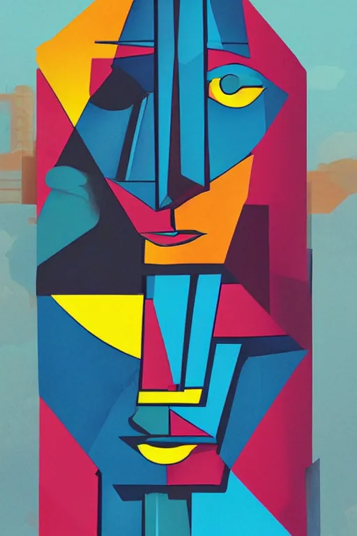 Image similar to cubist moai statue cutout digital illustration cartoon colorful beeple