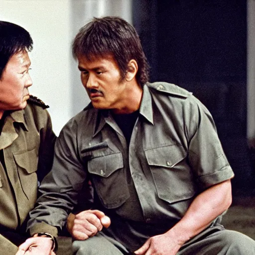 Prompt: a still of Rambo First blood with Kim Jong-il on the role of John Rambo
