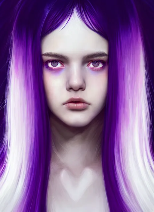 Image similar to hair whitebangs hair, black hair, whitebangs, portrait of teenage girl with white bangs, red irises, purple clothes, white bangs, bangs are different color from hair, intricate, elegant, glowing lights, highly detailed, digital painting, artstation, concept art, smooth, sharp focus, illustration, art by wlop, mars ravelo and greg rutkowski