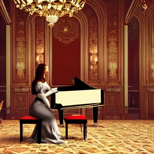 Image similar to interior of a beautiful an mid century british mansion hall, fully furnished, soft lighting, close up of an elegant victorian lady playing a grand piano at the hall. ultra realistic, ultra detailed, cinematic composition and lighting