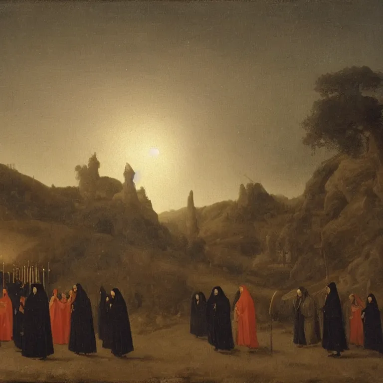 Image similar to A Holy Week procession of grim reapers in a lush Spanish landscape at night. A hooded figure at the front holds a cross. Petrus van Schendel.