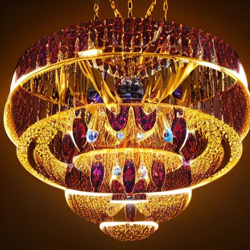 Image similar to complex cristal chandelier with anatomic description , gems, gold, bright colors ultrawide lens, details, studio lighting, realism, complex lights