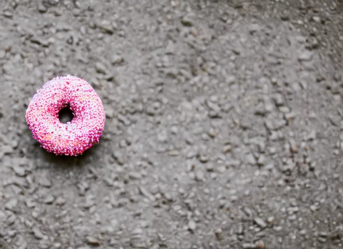 Prompt: a pink sprinkled donut on top of a mountain, photography, high definition, rule of thirds