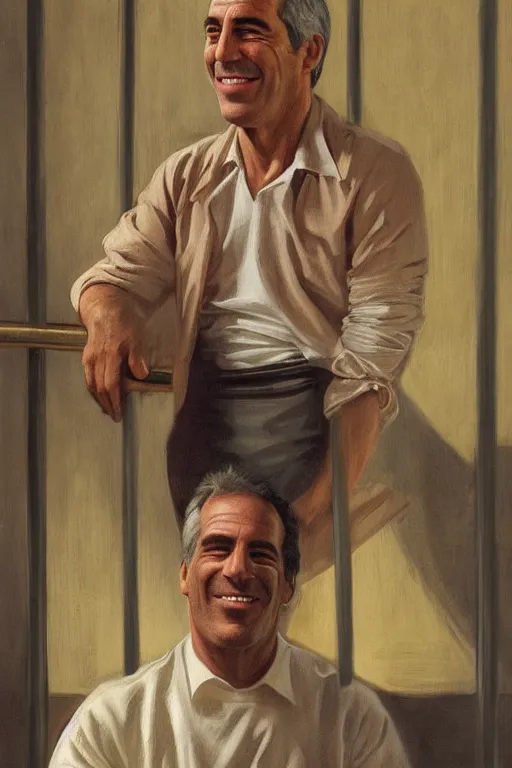 Image similar to smiling Jeffrey Epstein, in jail behind bars, golden hour, artstation, by J. C. Leyendecker and Peter Paul Rubens,