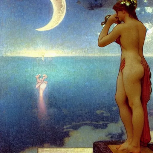 Image similar to Moon girl at the palace, thunderstorm, greek pool, beach and palm trees on the background major arcana sky, by paul delaroche, alphonse mucha and arnold böcklin arnold böcklin hyperrealistic 8k, very detailed