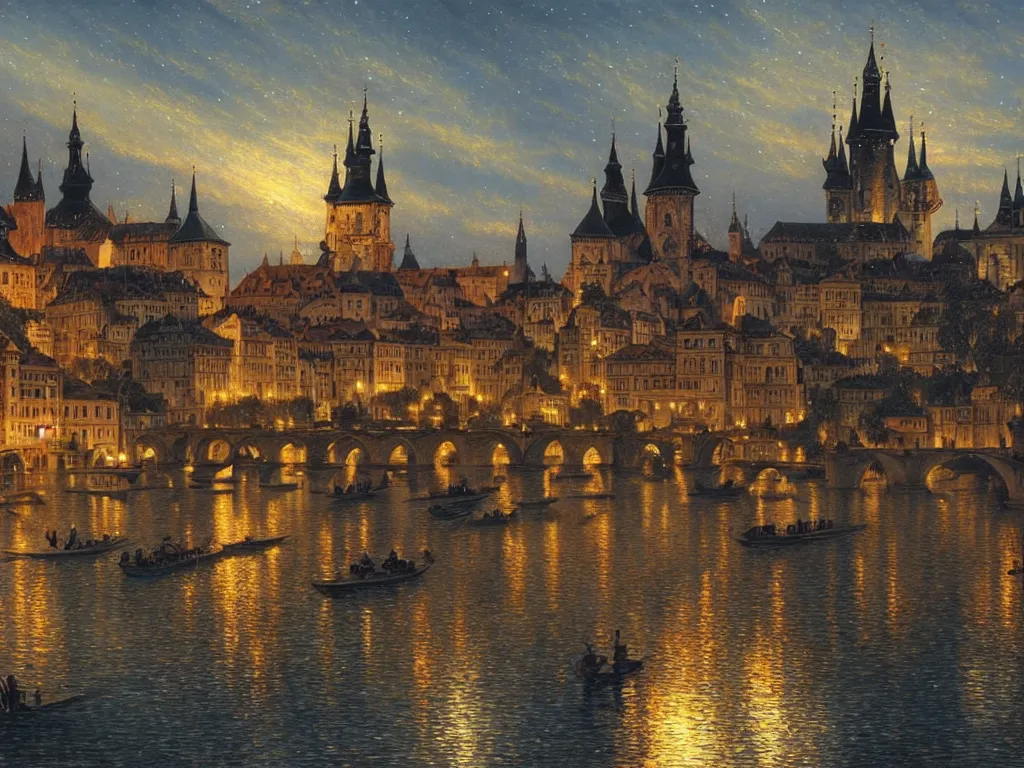 Prompt: a view from the river an ancient medieval castle city resembling prague, paris, and venice at night with northern lights in the sky, intricate, elegant, highly detailed, digital painting, artstation, concept art, smooth, sharp focus, colored illustration for tattoo, art by thomas kincade, krenz cushart and artem demura and alphonse mucha,