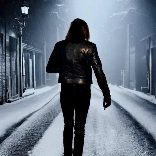 Prompt: shot of young man from back pacing lowering head dressed in short leather bomber jacket to empty narrow alley with street lamps in park with pines to the horizon,, with hands in pockets, snowfall at night, mullet long haircut, black hairs, cinematic, dramatic, detailed, realistic, movie shot, low lighting