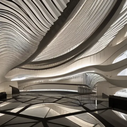 Image similar to extremely detailed ornate stunning beautiful elegant futuristic museum lobby interior by Zaha Hadid