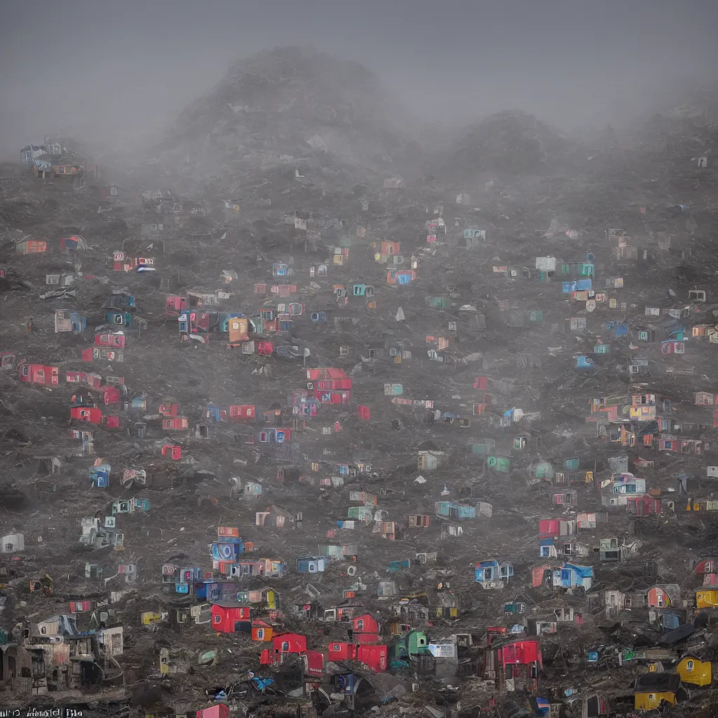 Image similar to two towers, made up of colourful makeshift squatter shacks, uneven dark fog, dystopia, sony a 7 r 3, f 1 1, ultra detailed, photographed by jeanette hagglund