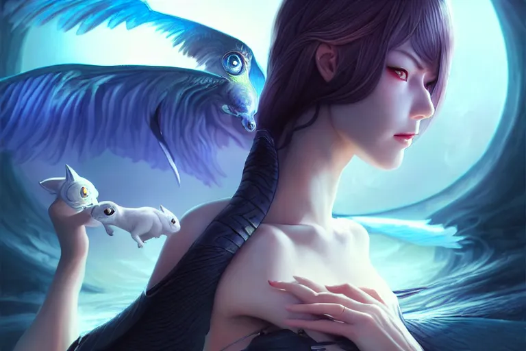 Image similar to surrealistic summoner girl with their surrealistic creatures, occlusion shadow, specular reflection, rim light, unreal engine, artgerm, artstation, art by hiroaki samura and ilya kuvshinov and ossdraws, intricate, highly detailed 8 k, fantasy illustration, extremely beautiful and aesthetic shape of face and clothes, movie poster