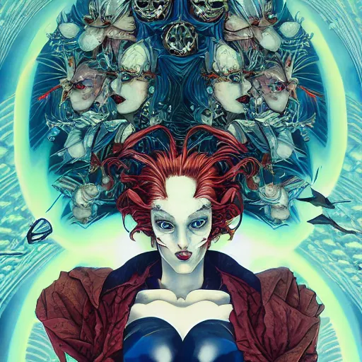 Image similar to portrait of crazy mystique, symmetrical, by yoichi hatakenaka, masamune shirow, josan gonzales and dan mumford, ayami kojima, takato yamamoto, barclay shaw, karol bak, yukito kishiro