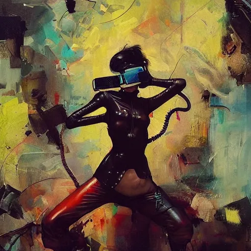 Image similar to grinning woman in a vr headset wearing leather outfit, dynamic energic pose, cyberpunk in the style of adrian ghenie, esao andrews, jenny saville, surrealism, dark art by james jean, takato yamamoto