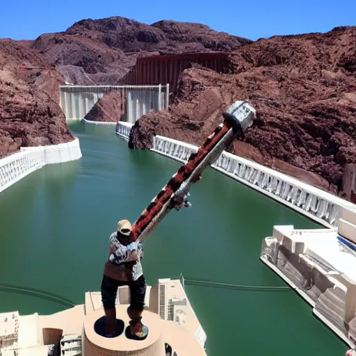 Prompt: dril fist fighting drilbot on top of hoover dam