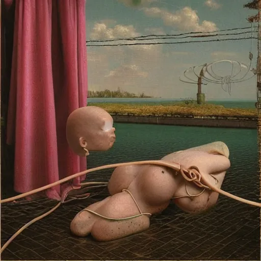 Image similar to Kenne Gregoire, award winning masterpiece with incredible details, Zhang Kechun, a surreal vaporwave vaporwave vaporwave vaporwave vaporwave painting by Thomas Cole of an old pink mannequin head with cables and wires coming out of it's neck, sinking underwater, highly detailed