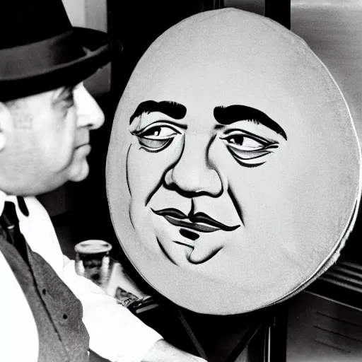 Image similar to al capone as a calzone being turned into a calzone as a calzone but still with the face of al capone being baked in an oven as a calzone, realistic, hyperrealistic, ultra realistic, real, real world, highly detailed, very detailed, extremely detailed, intricate details, 8 k resolution, hd quality