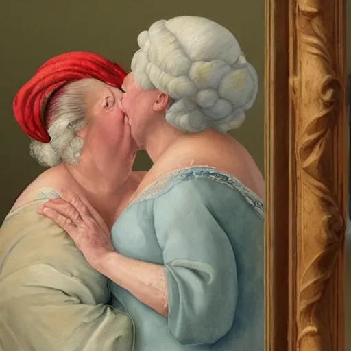 Image similar to a very funny stylize oil painting in renaissance style of a sweet fat old woman kissing her reflection. symmetry face, red mouth, blue eyes. flowery dress. hyper realistic scene. 3 d, octane render, deep focus, white scene. very funny and sweet image. unreal engine. watercolor. fellini style. klee style.