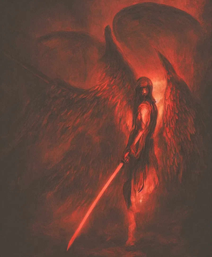Prompt: a glowing angel carrying a sword in the dark hallways of hell, red tones, dark atmosphere, nightmare