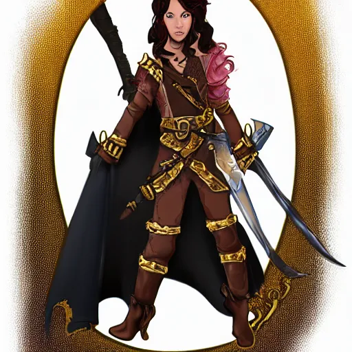 Prompt: level 10 D&D character, D&D character art, female spaniard, light skin, swashbuckler rogue, black with gold accents, organza waves