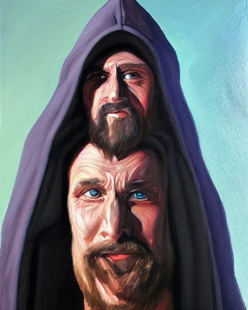 Image similar to oil painting portrait of a man in dark robes, hooded, made by greg rukowtski, fantasy, moodly