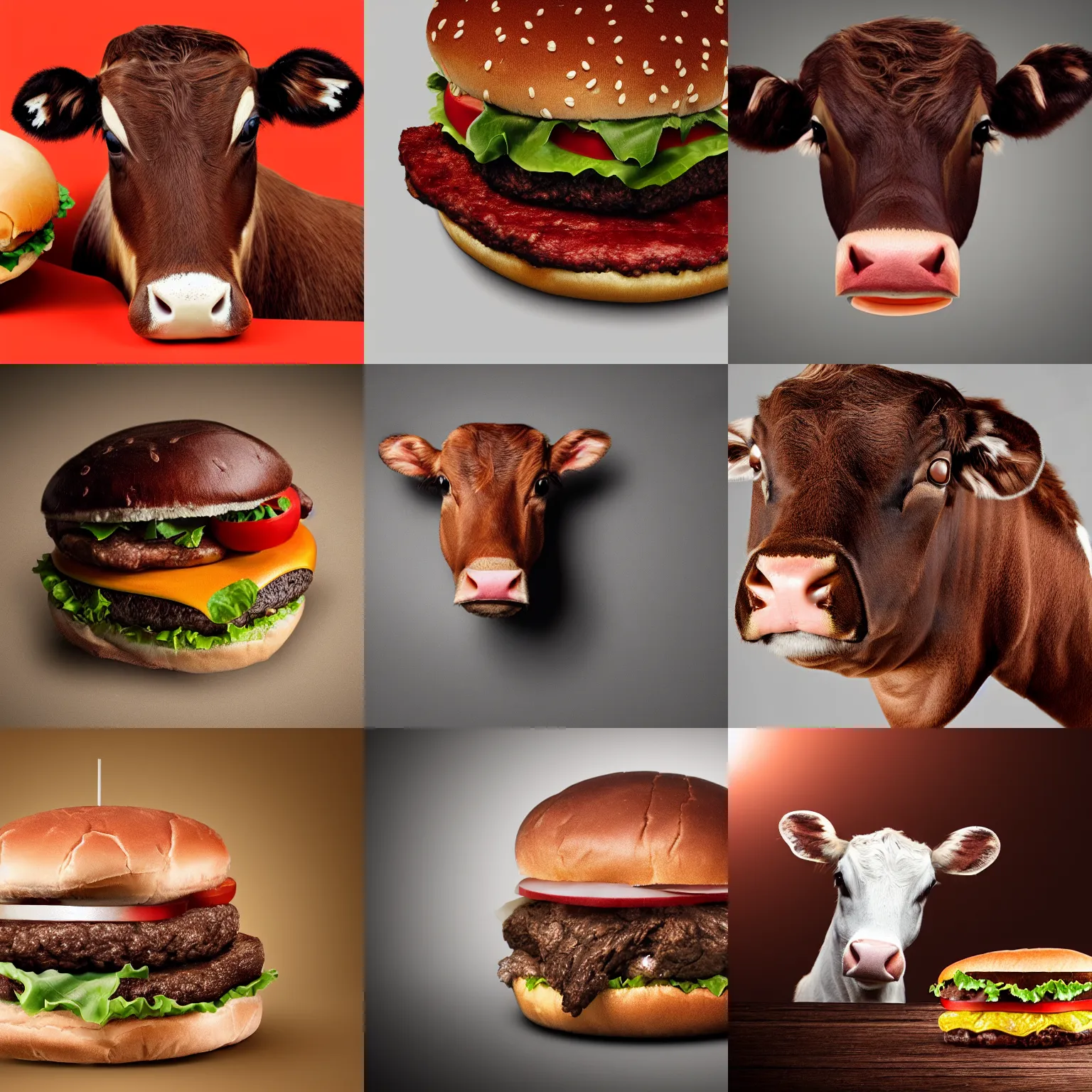 Prompt: a brown calf animal head, on a hamburger, photorealistic, studio lighting