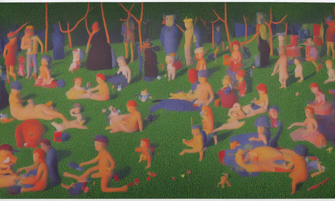 Image similar to a teddy bear birthday party, from the terrifying and incomprehensible beyond, body horror, by david hockney, seurat technicolor