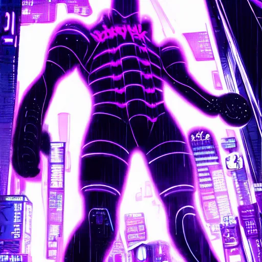 Image similar to Giant Purple Amethyst in cyberpunk neon Tokyo in style of Tsutomu Nihei. Cyberpunk, vertical symmetry, 8K, Highly Detailed, Intricate.