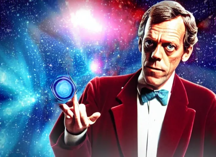 Image similar to product photo still of vhs cover of hugh laurie as doctor who in front of a nebula through the open door of the tardis on a vhs box