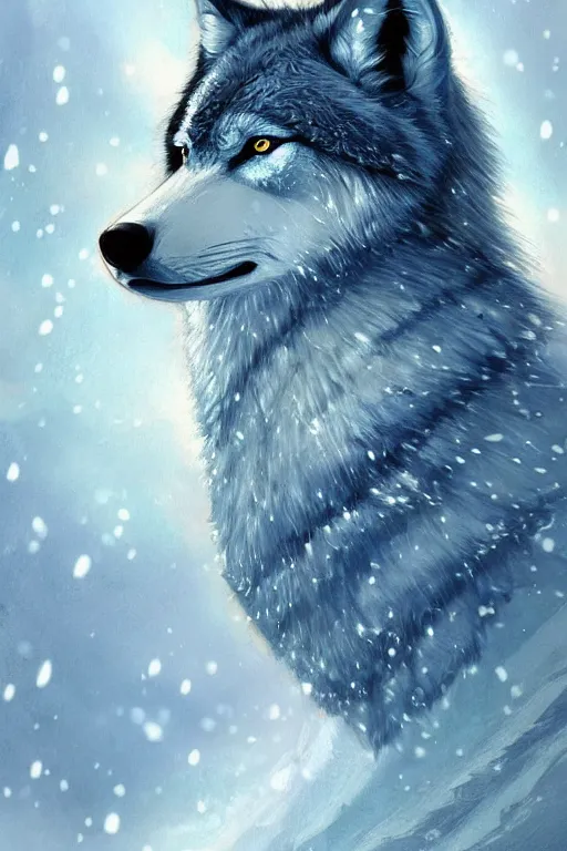 Image similar to blue wolf with wings, facing front, regal, elegant, winter, snow, beautiful, stunning, hd, illustration, epic, d & d, fantasy, intricate, elegant, highly detailed, digital painting, artstation, concept art, smooth, sharp focus, illustration, wallpaper, art by artgerm and greg rutkowski and alphonse mucha and jin xiaodi