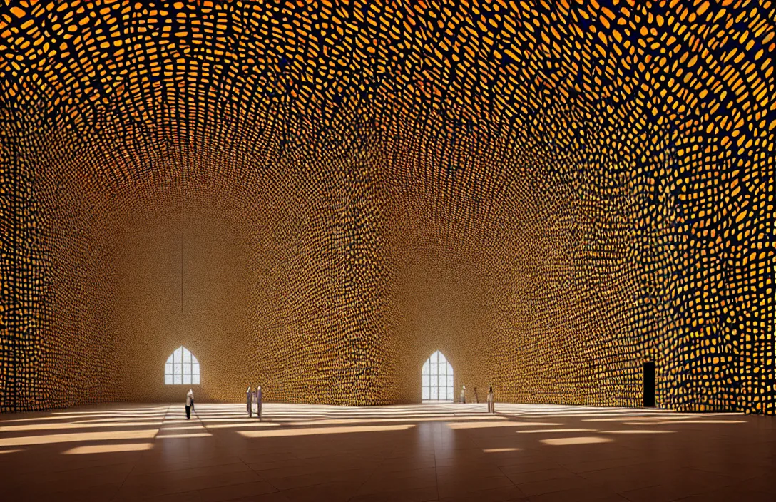 Image similar to vestiges of the world in this church interior, vertical lines suggest spirituality, rising beyond human reach toward the heavens. cloister quadrangle yayoi kusama installation by filip hodas